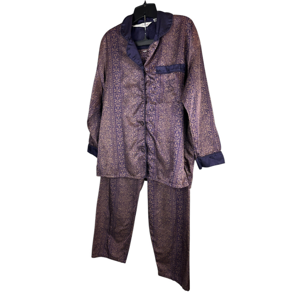 Victoria's Secret Satin-Like Pajama Set Purple Gold Paisley Button Shirt Pants S - Picture 3 of 16
